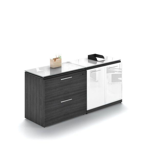 Potenza Storage/Filing Credenza 68"W x 22"D with 2 White Glass Doors/2 Drawer and Glass Tops