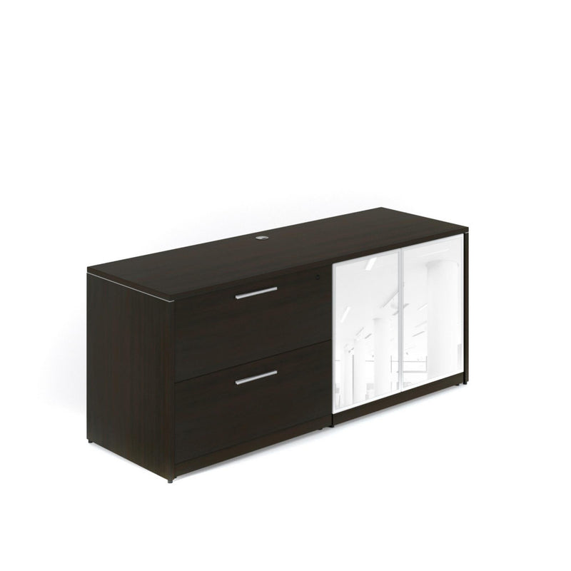 Potenza Storage/Filing Credenza 72"W x 24"D with 2 White Glass Doors/2 Drawer and Laminate Top