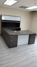 Potenza Bow Front U-Shaped Desk 72"W x 108"D with File/File Cabinet, Glass Hutch and Modesty Panel