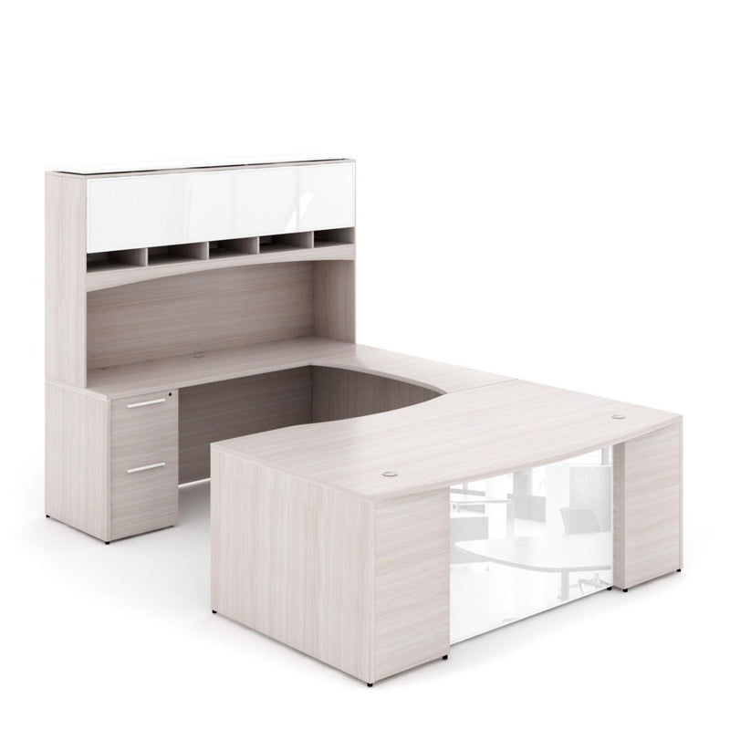 Potenza Bow Front U-Shaped Desk 72"W x 108"D with File/File Cabinet, Glass Hutch and Modesty Panel