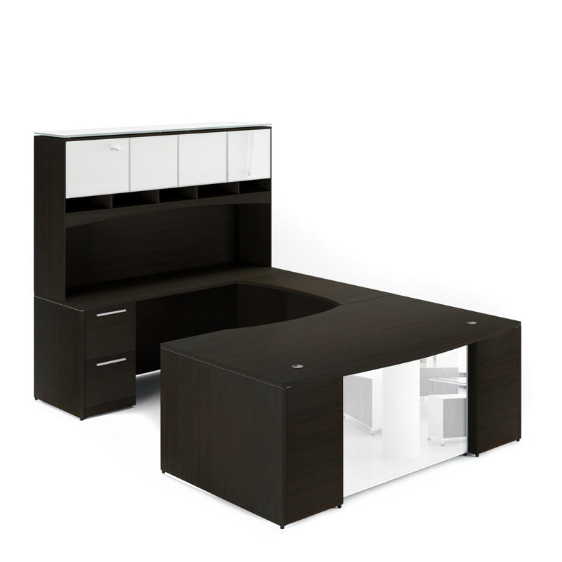 Potenza Bow Front U-Shaped Desk 72"W x 108"D with File/File Cabinet, Glass Hutch and Modesty Panel