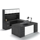 Potenza Bow Front U-Shaped Desk 72"W x 108"D with File/File Cabinet, Glass Hutch and Modesty Panel
