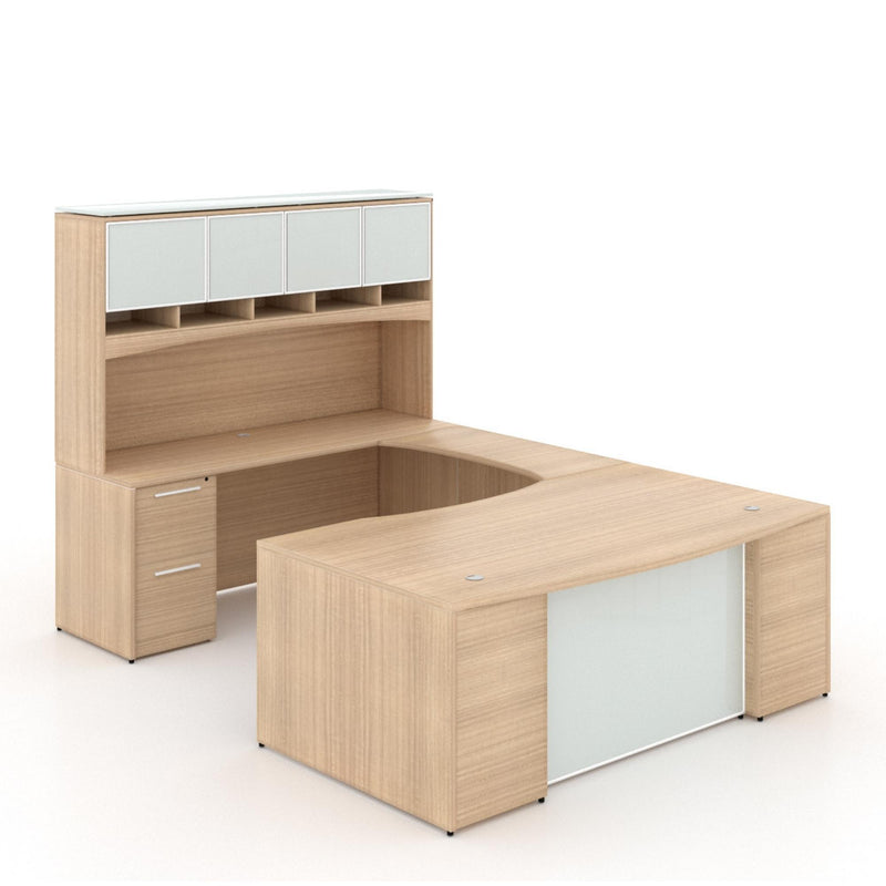 Potenza Bow Front U-Shaped Desk 72"W x 108"D with File/File Cabinet, Glass Hutch and Modesty Panel