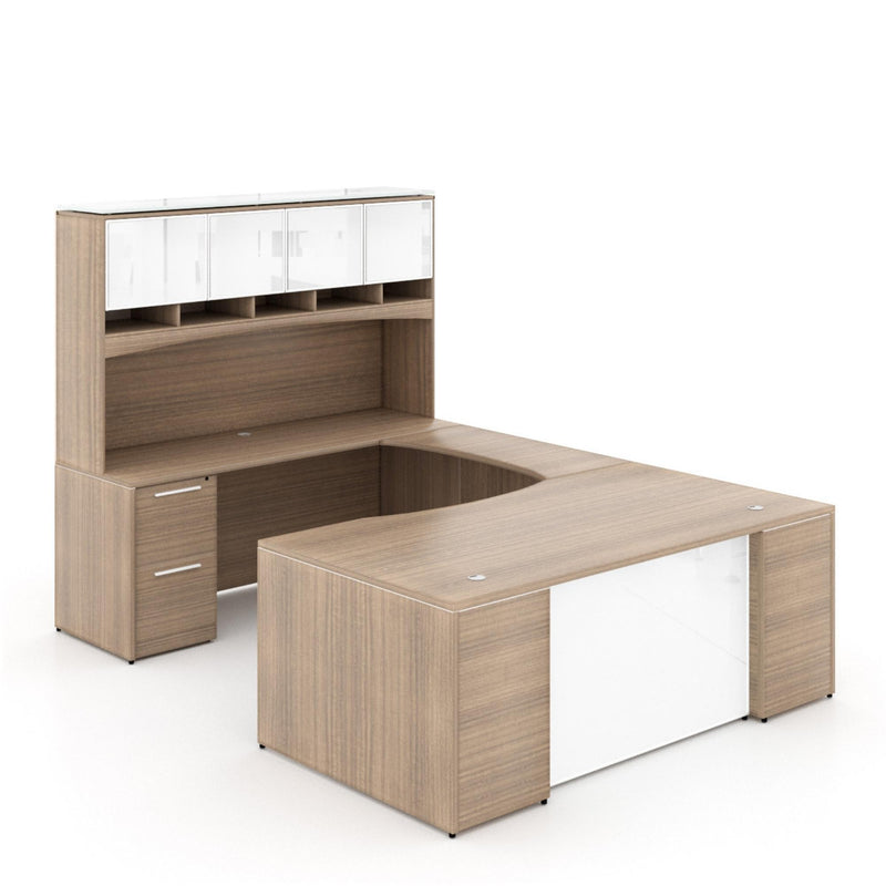 Potenza Bow Front U-Shaped Desk 72"W x 108"D with File/File Cabinet, Glass Hutch and Modesty Panel