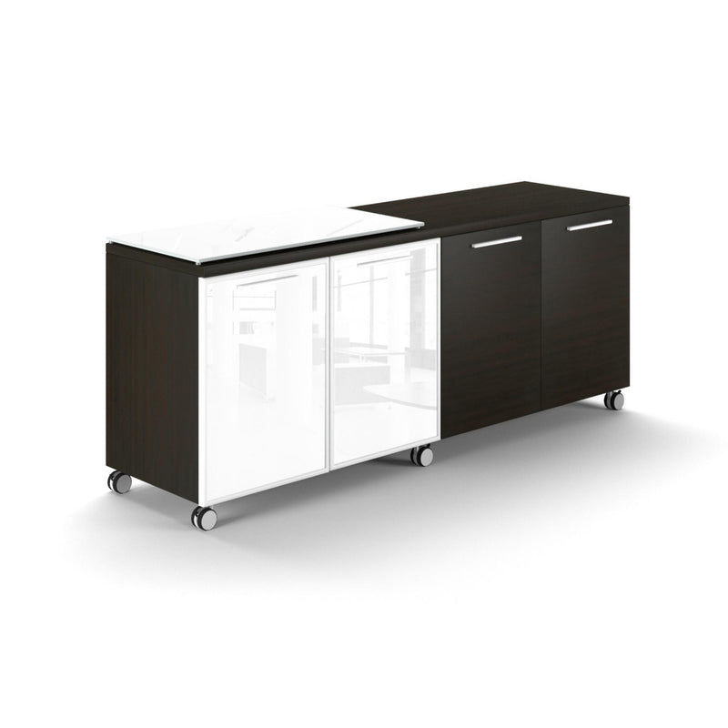 Potenza Mobile Storage Credenza 72"W x 20"D with 2 White Glass Doors, 2 Laminate Doors