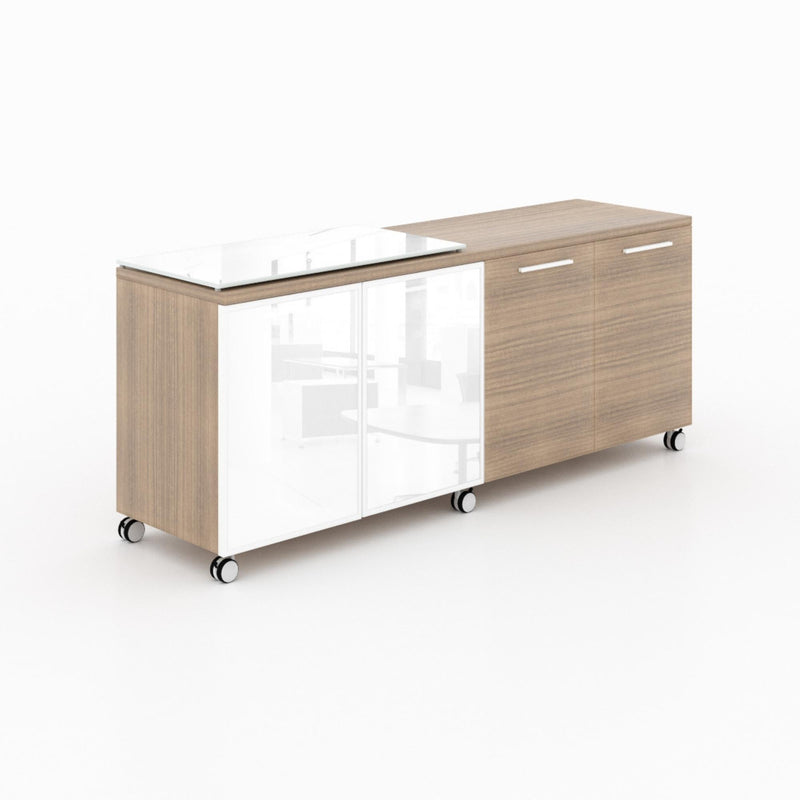 Potenza Mobile Storage Credenza 72"W x 20"D with 2 White Glass Doors, 2 Laminate Doors