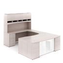 Potenza Bow Front U-Shaped Desk 72"W x 108"D with File/File Cabinet, Laminate Hutch and Glass Modesty Panel