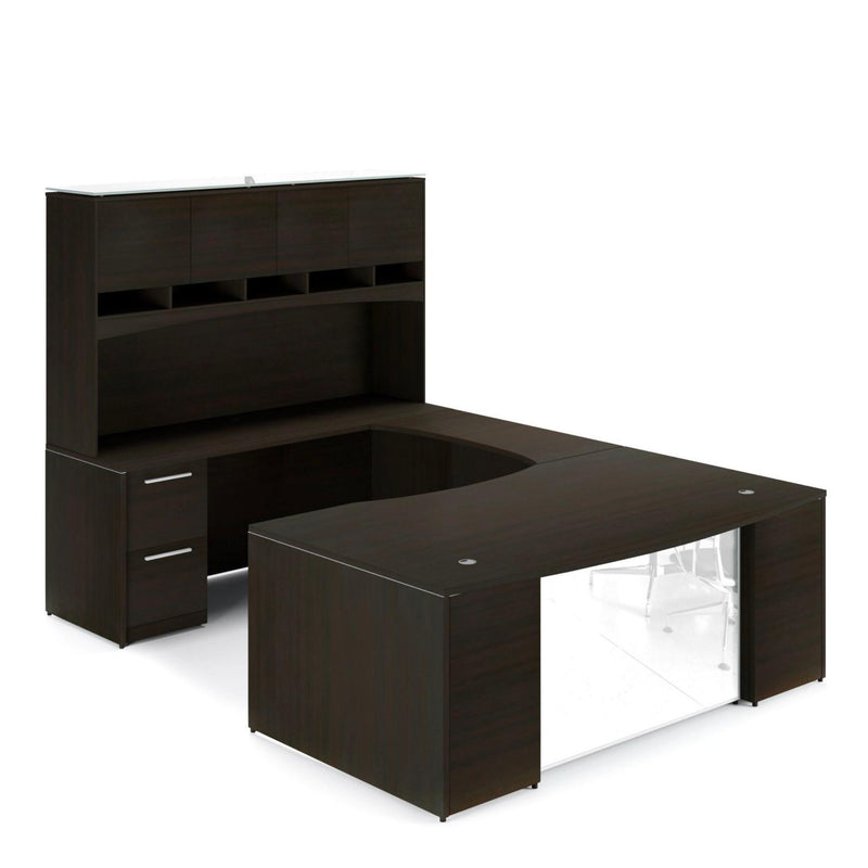 Potenza Bow Front U-Shaped Desk 72"W x 108"D with File/File Cabinet, Laminate Hutch and Glass Modesty Panel