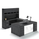 Potenza Bow Front U-Shaped Desk 72"W x 108"D with File/File Cabinet, Laminate Hutch and Glass Modesty Panel