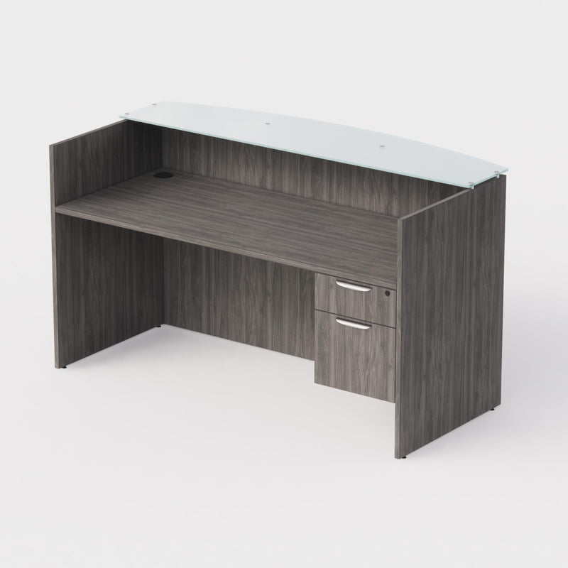 Sheridan Reception Desk 72"W x 36"D with Ultra White Glass Transactional Top & Locking Hanging Box/File Pedestal- Stone Gray