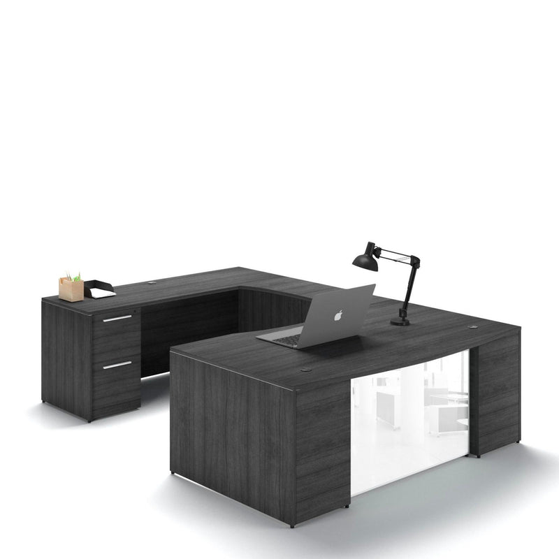 Potenza Bow Front U-Shaped Desk 72"W x 108"D with File/File Cabinet, Glass Hutch and Modesty Panel